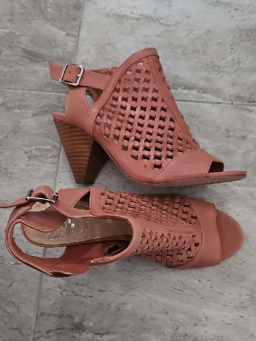 Vince Camuto Dusty Pink Laser-Cut Peep-Toe Slingback Block Heels